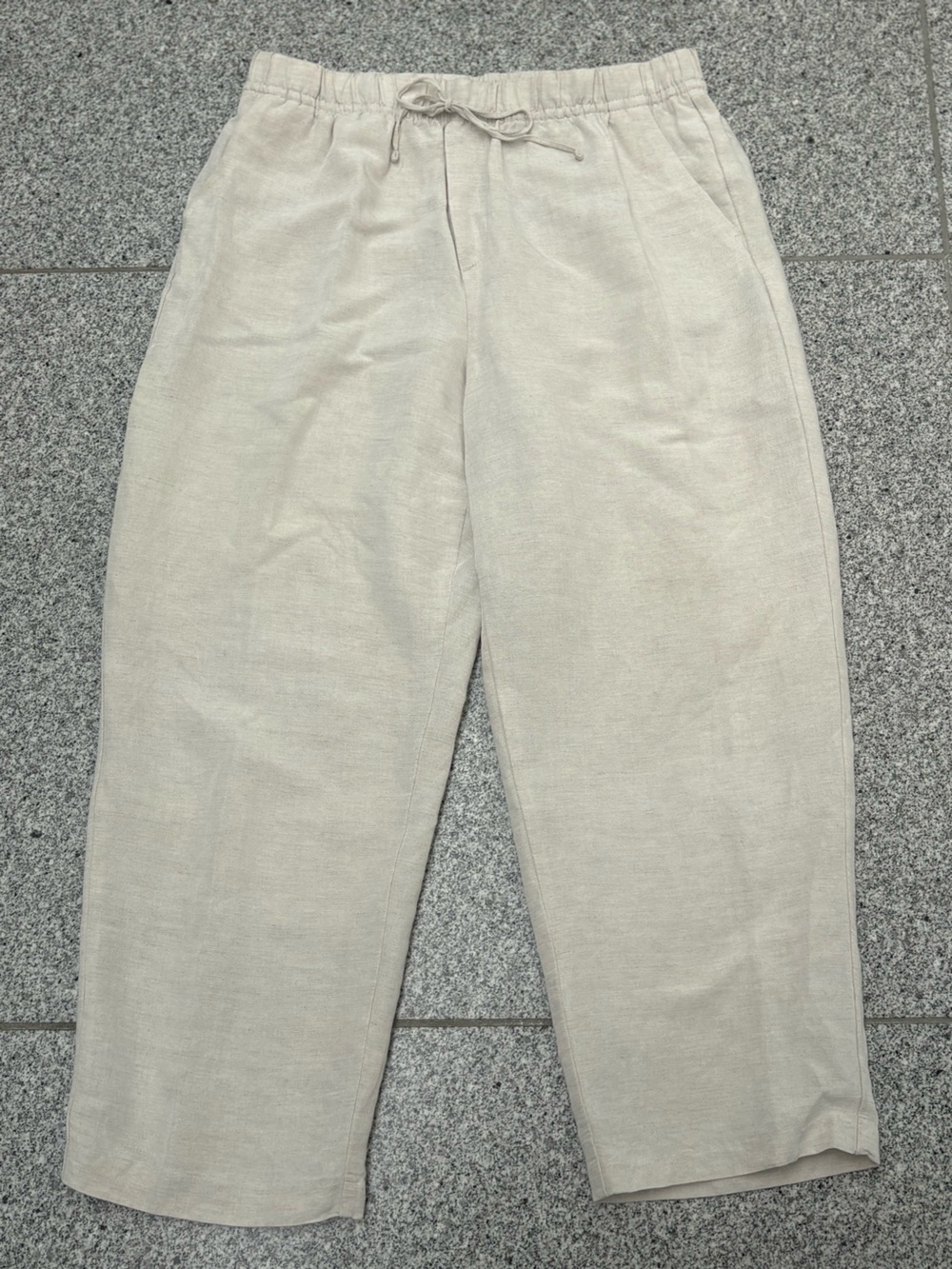 H&M Beige Cropped Drawstring Linen-Blend Pants